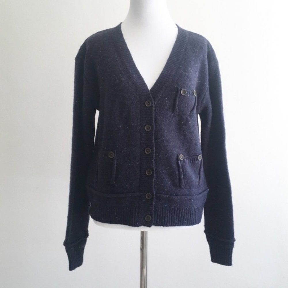 Yargici Cardigan Sweater Womens Large Lambswool Blend Pockets Speckled Navy Blue